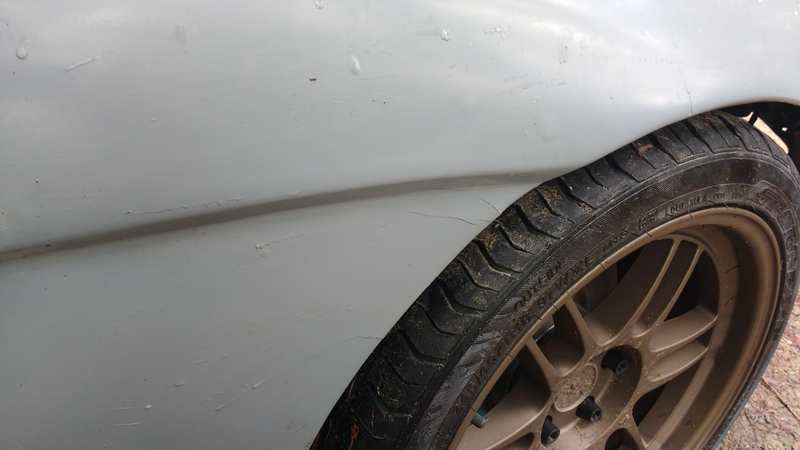 Note the cracks along the wheel well. They are from the wheels rubbing, but the fender is flexing too much on contact.